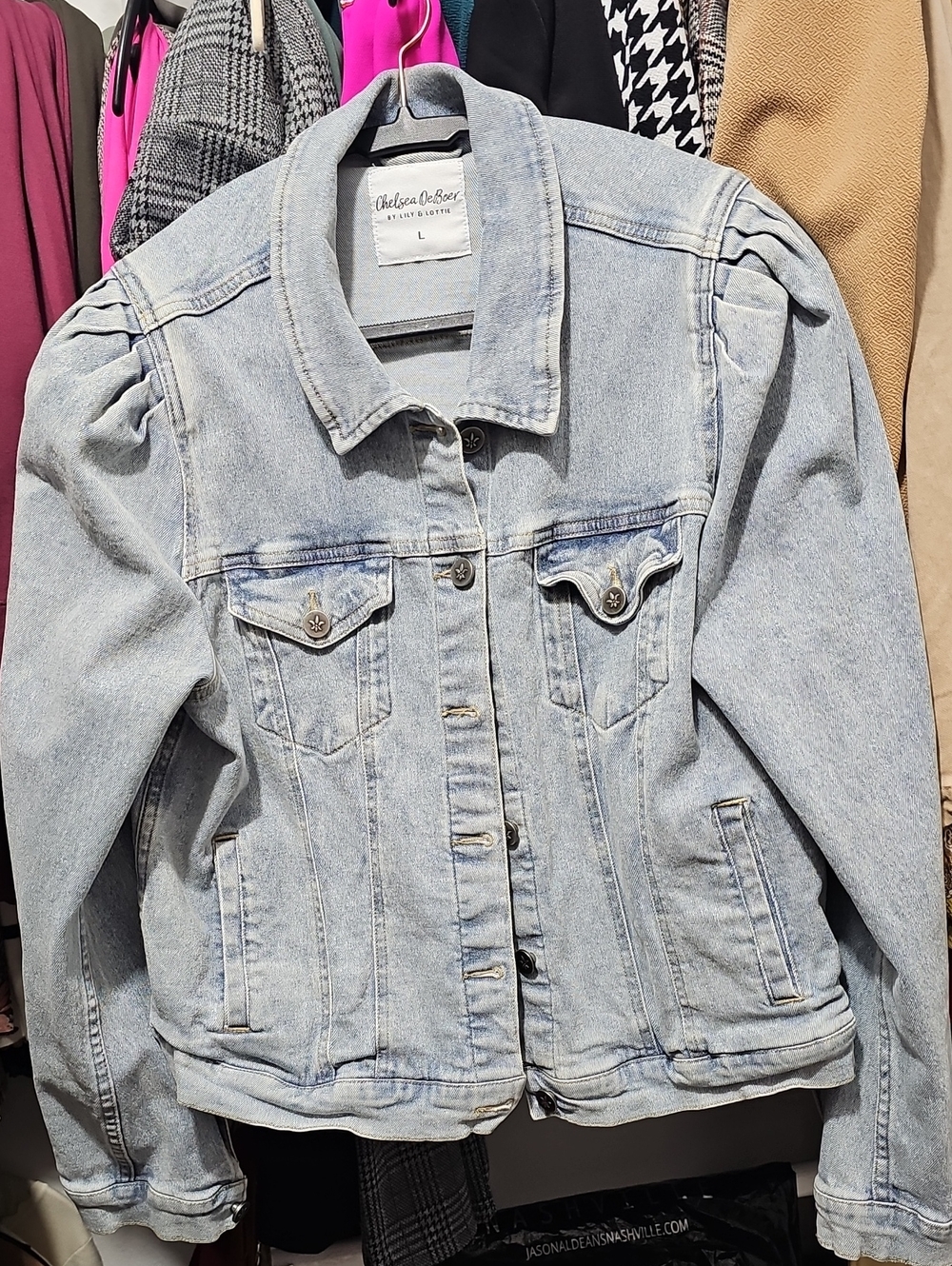 Chelsea Deboer Faded Light Blue Denim Jacket with Puff Shoulders